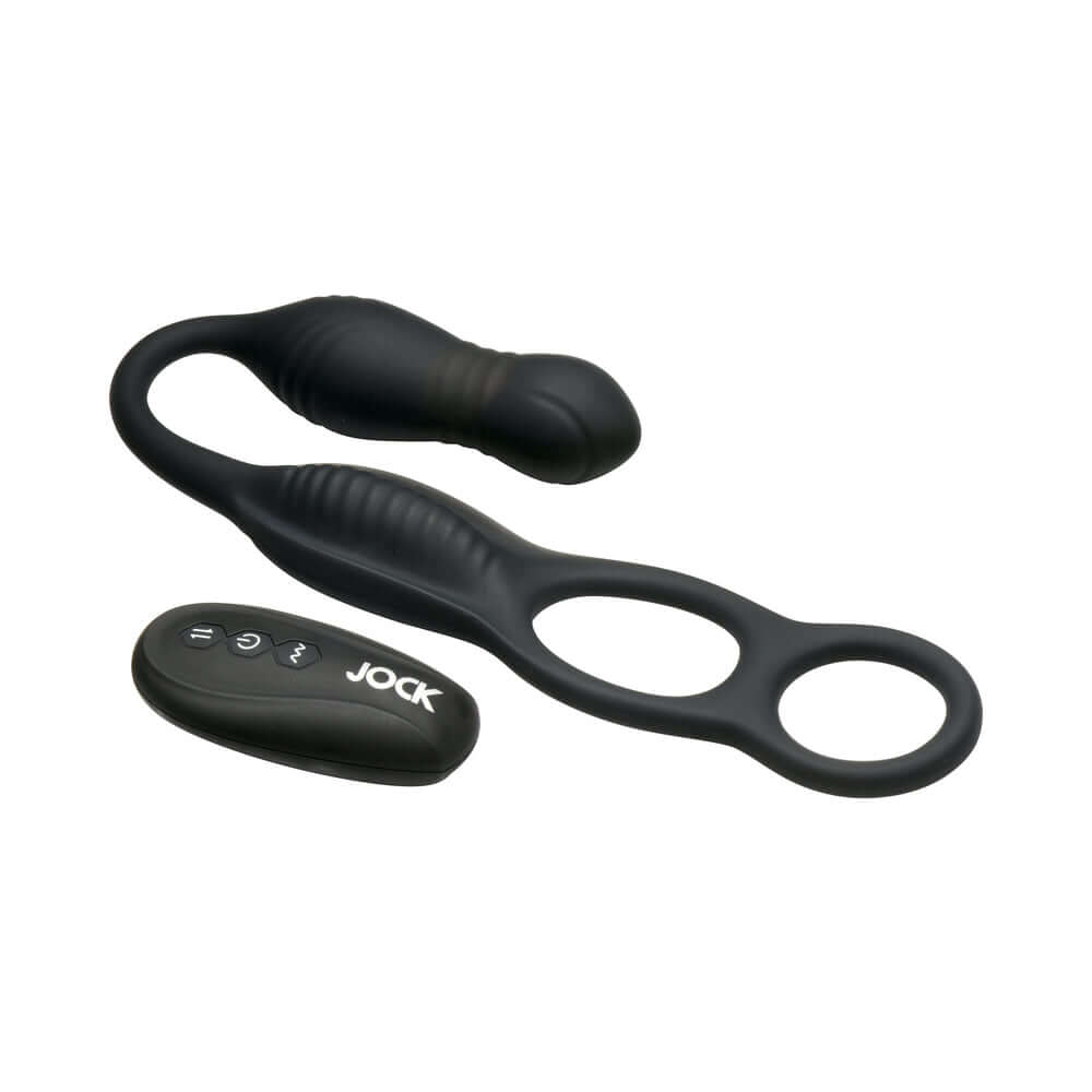 JOCK Silicone Vibrating Anal Plug with Cock and Ball Ring - black silicone design with remote control for enhanced pleasure.