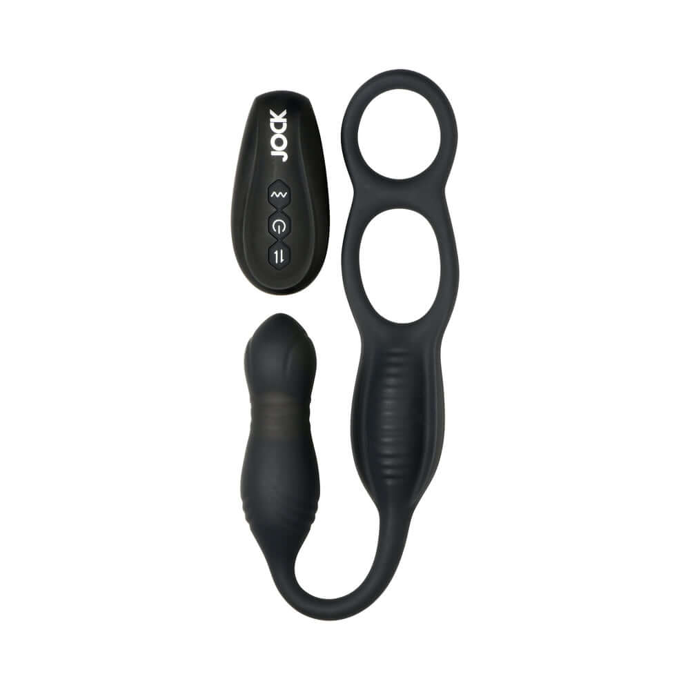 JOCK Silicone Vibrating Anal Plug with Cock and Ball Ring with remote control for versatile stimulation.