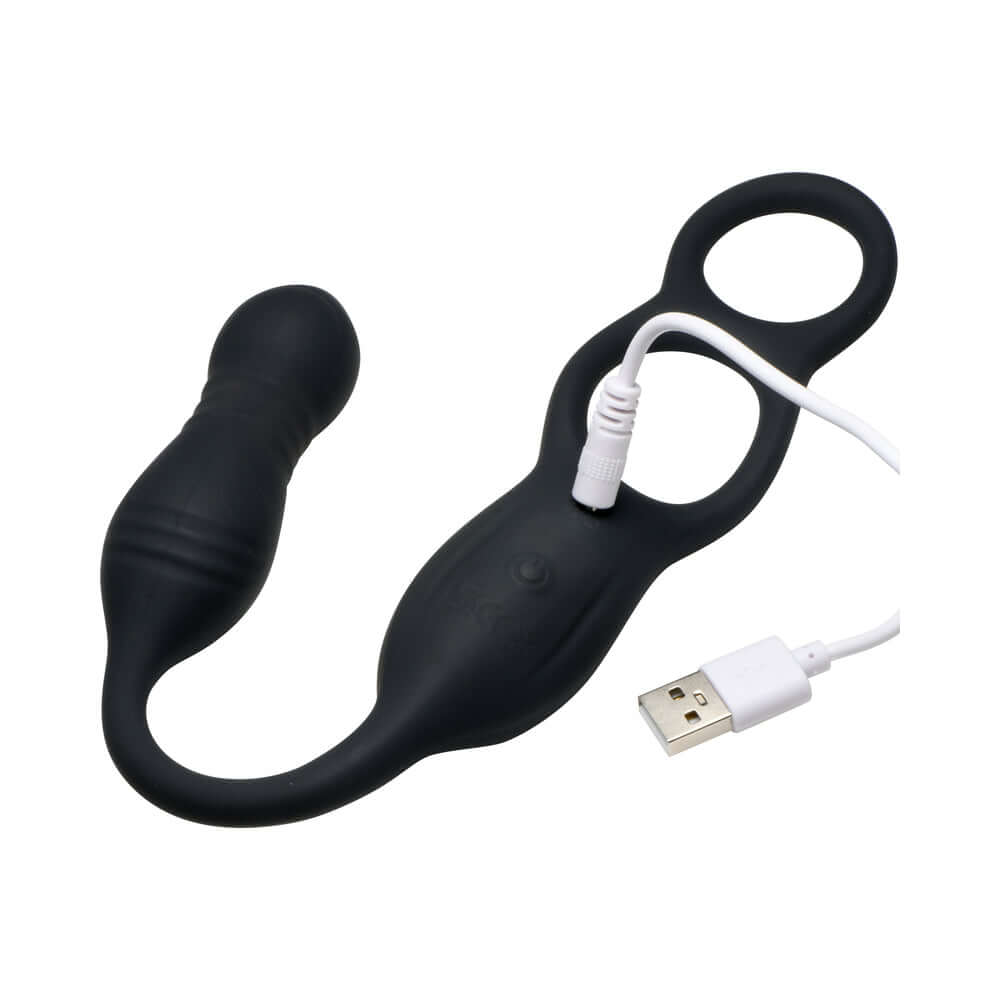 JOCK Silicone Vibrating Anal Plug with Cock and Ball Ring, USB rechargeable, designed for versatile stimulation and pleasure.