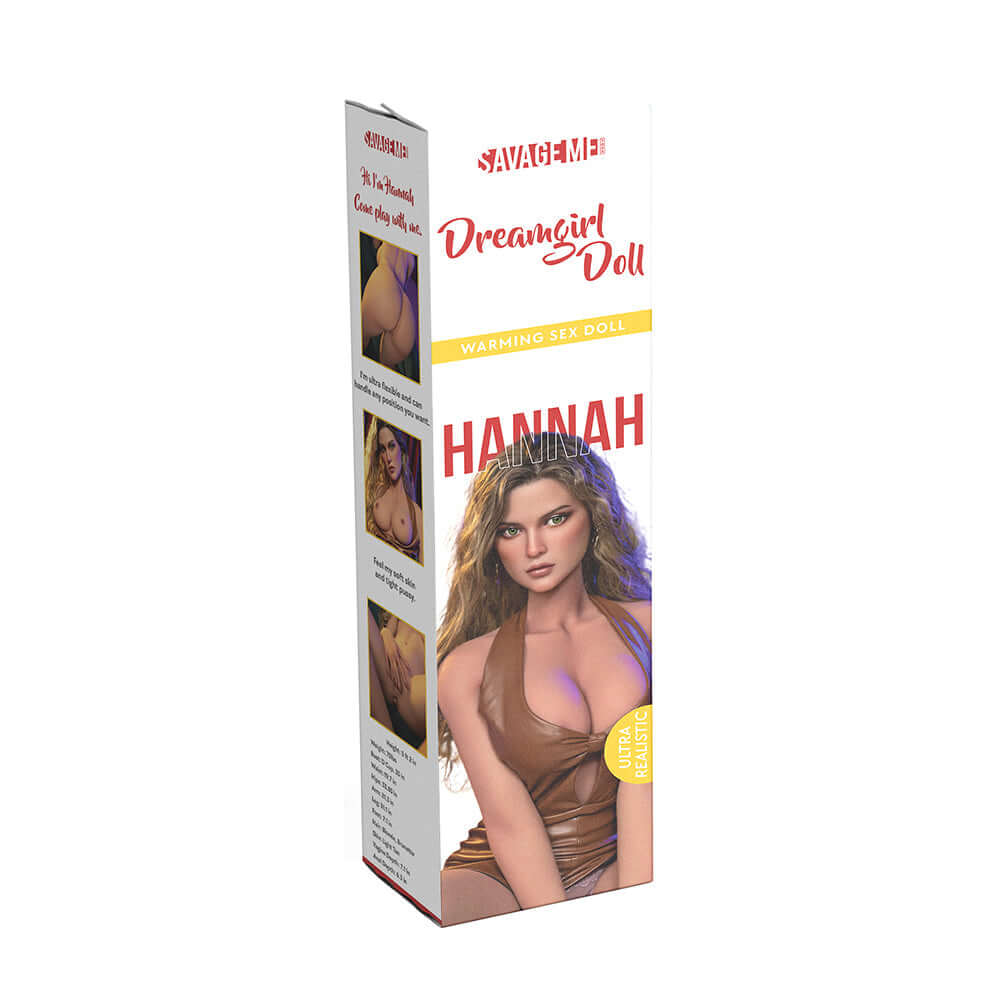 Savage Me Dreamgirl Lifelike Doll Hannah packaging with lifelike features and D-cup breasts.