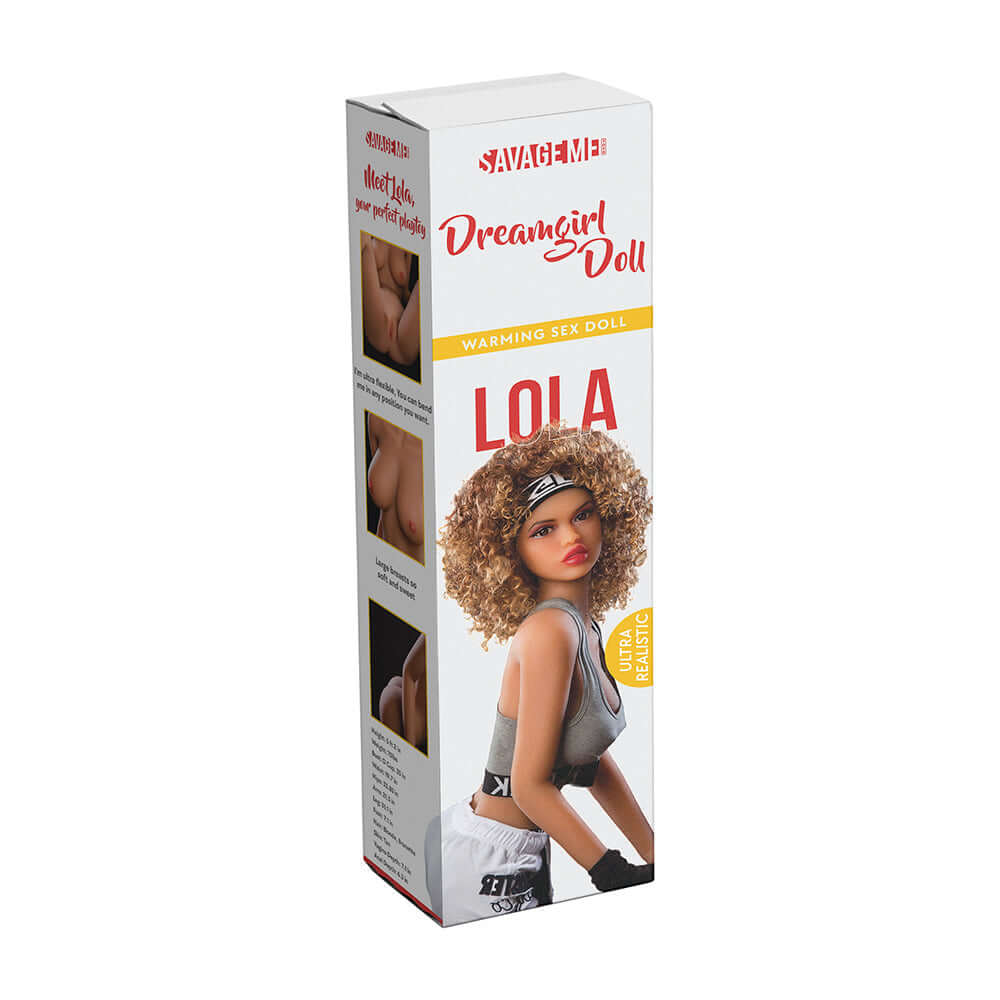 Savage Me Dreamgirl Lifelike Doll Lola product packaging featuring lifelike design and warming features.