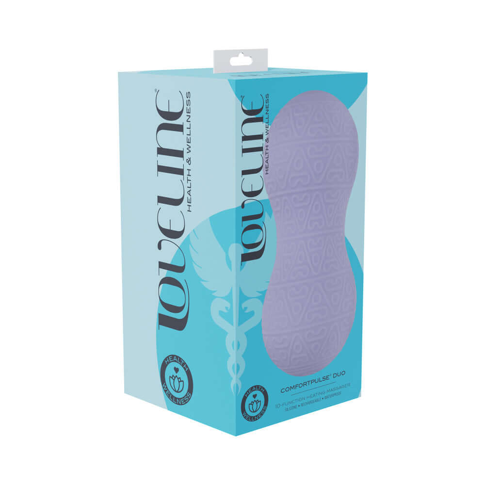 LoveLine ComfortPulse Duo Silicone Massager Lavender packaging showing soothing design and product branding.