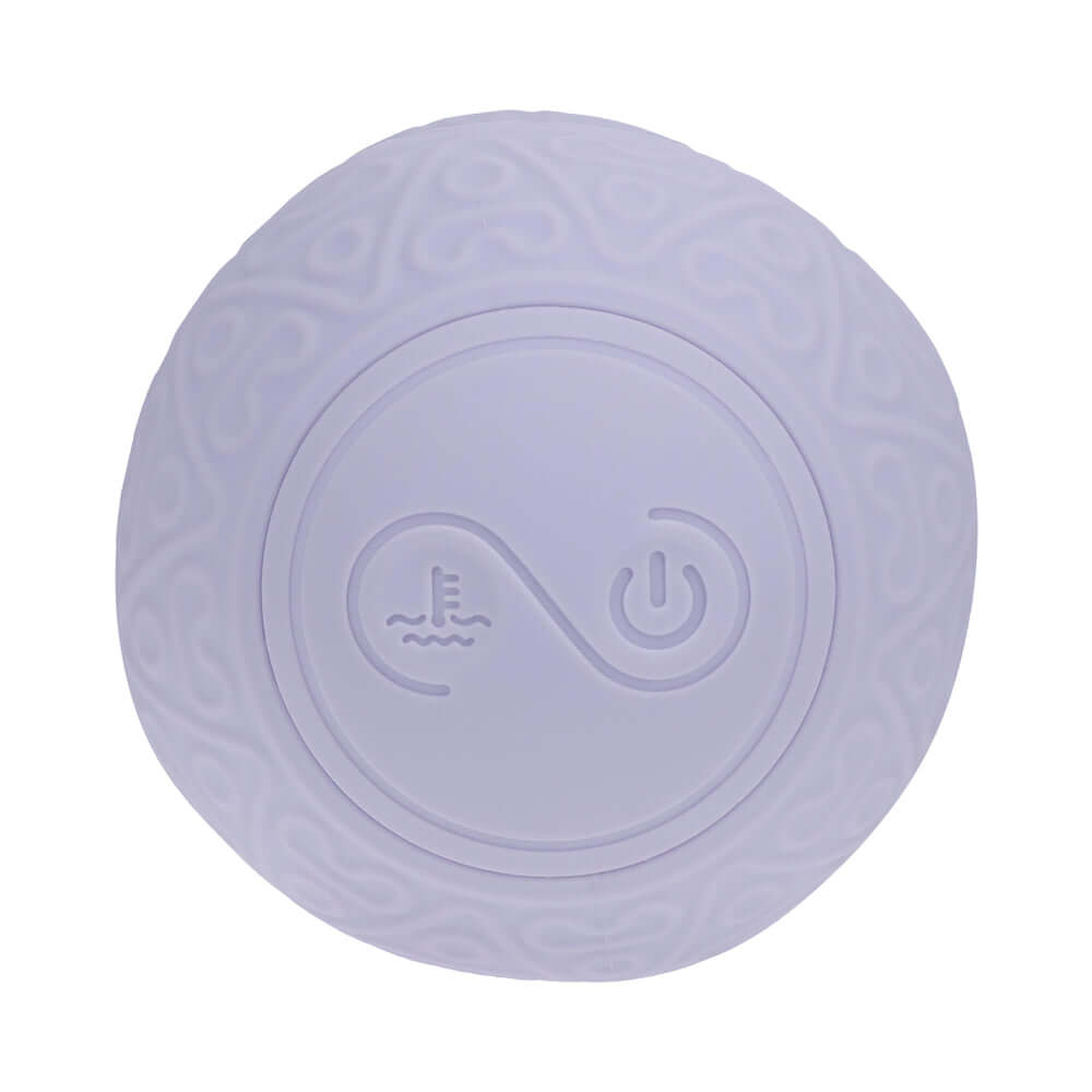 Close-up of the control panel of the LoveLine ComfortPulse Duo Silicone Massager Lavender with temperature and power icons.