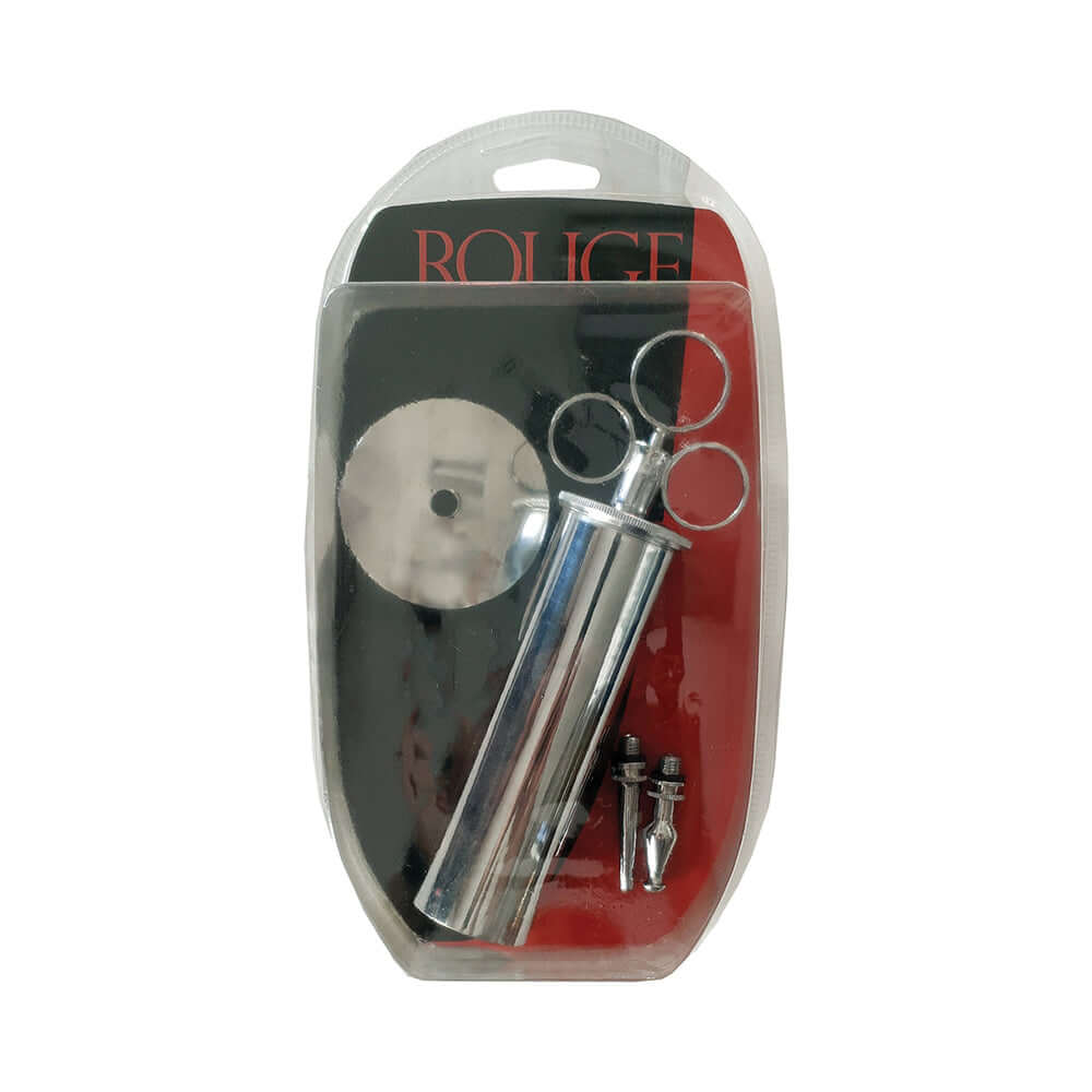 Rouge Stainless Steel Enema Syringe in packaging, featuring medical-grade materials and precision design.