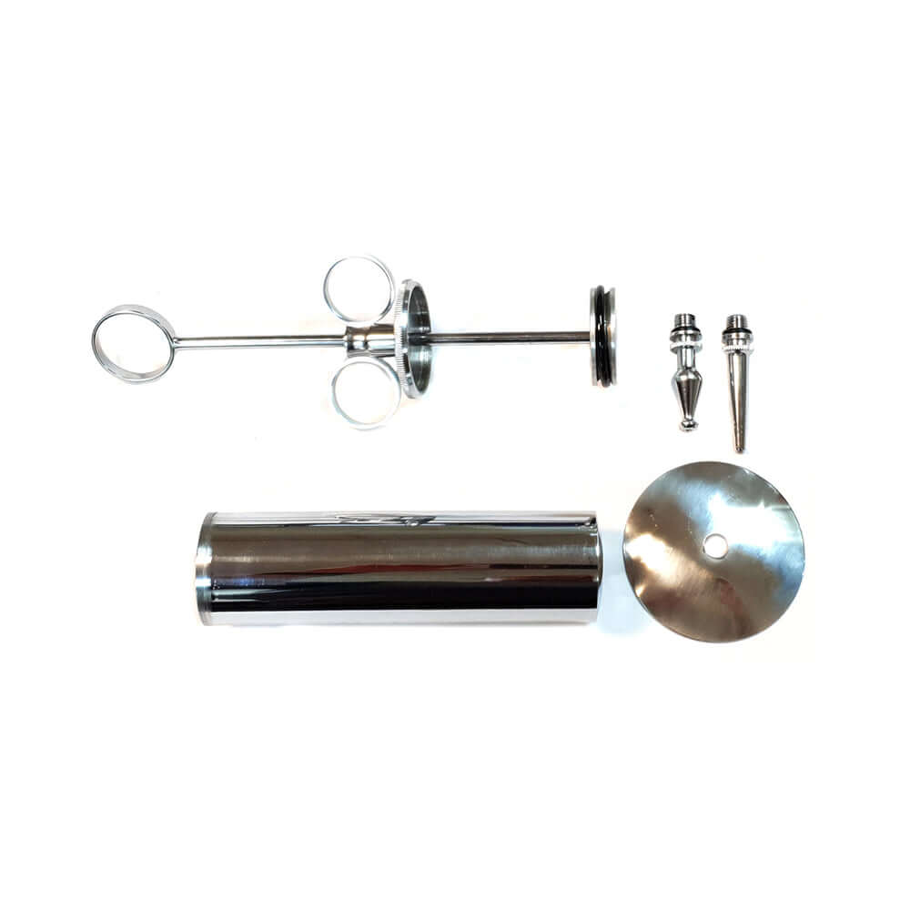 Rouge Stainless Steel Enema Syringe components including syringe, nozzles, and matching accessories.