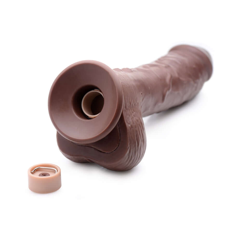 Loadz 8.5 inch Vibrating Squirting Dildo Dark with removable cap and realistic design for enhanced pleasure.