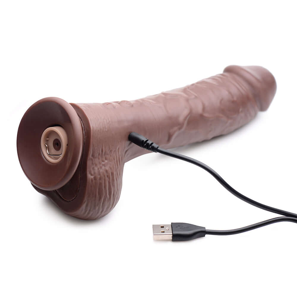Loadz 8.5 inch Vibrating Squirting Dildo Dark with USB charging cable for powerful pleasure.