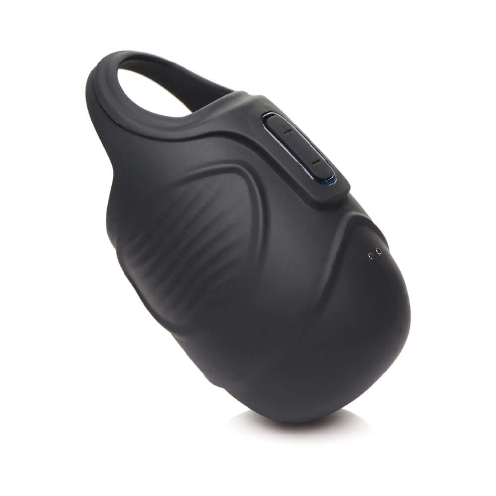 Trinity Men 7X Vibrating Silicone Ball Sack side view showcasing its sleek design and control panel.