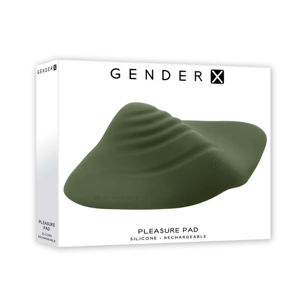 Gender X Pleasure Pad Rechargeable Grinding Pad and Stroker in green silicone packaging.