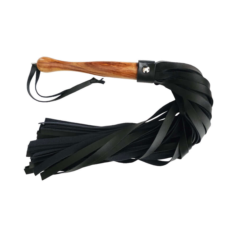 Rouge Fetish Play Vegan Wooden Handle Flogger Black featuring soft faux leather tails and a sturdy handle.