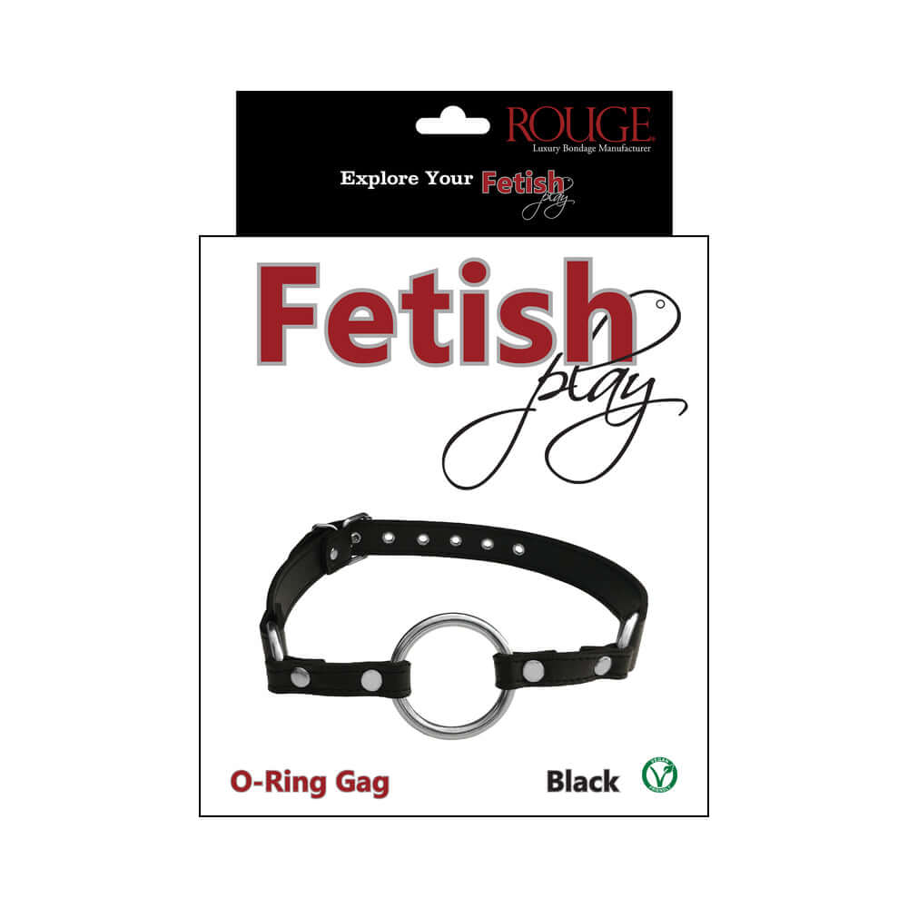 Rouge Fetish Play Vegan O-Ring Gag Black packaging with sleek design and open O-ring for restraint play.