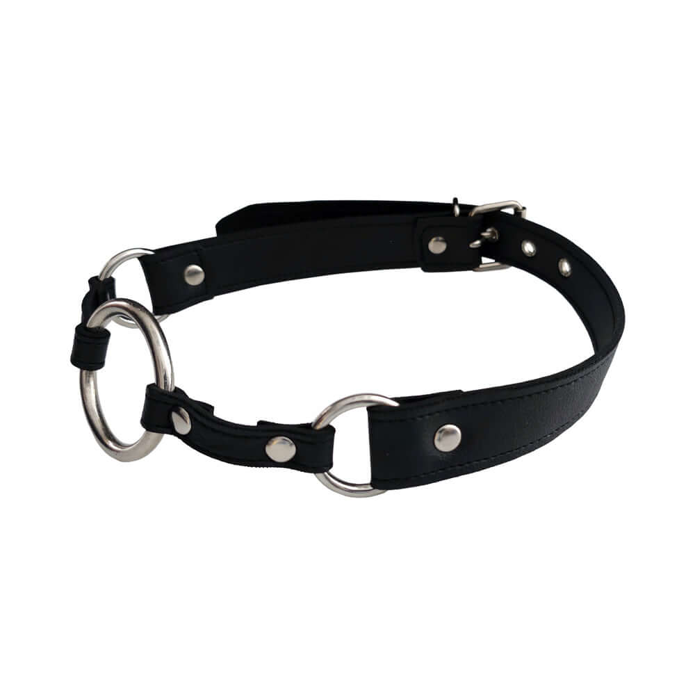 Rouge Fetish Play Vegan O-Ring Gag Black, a sleek black gag with open O-ring for restraint and roleplay scenarios.
