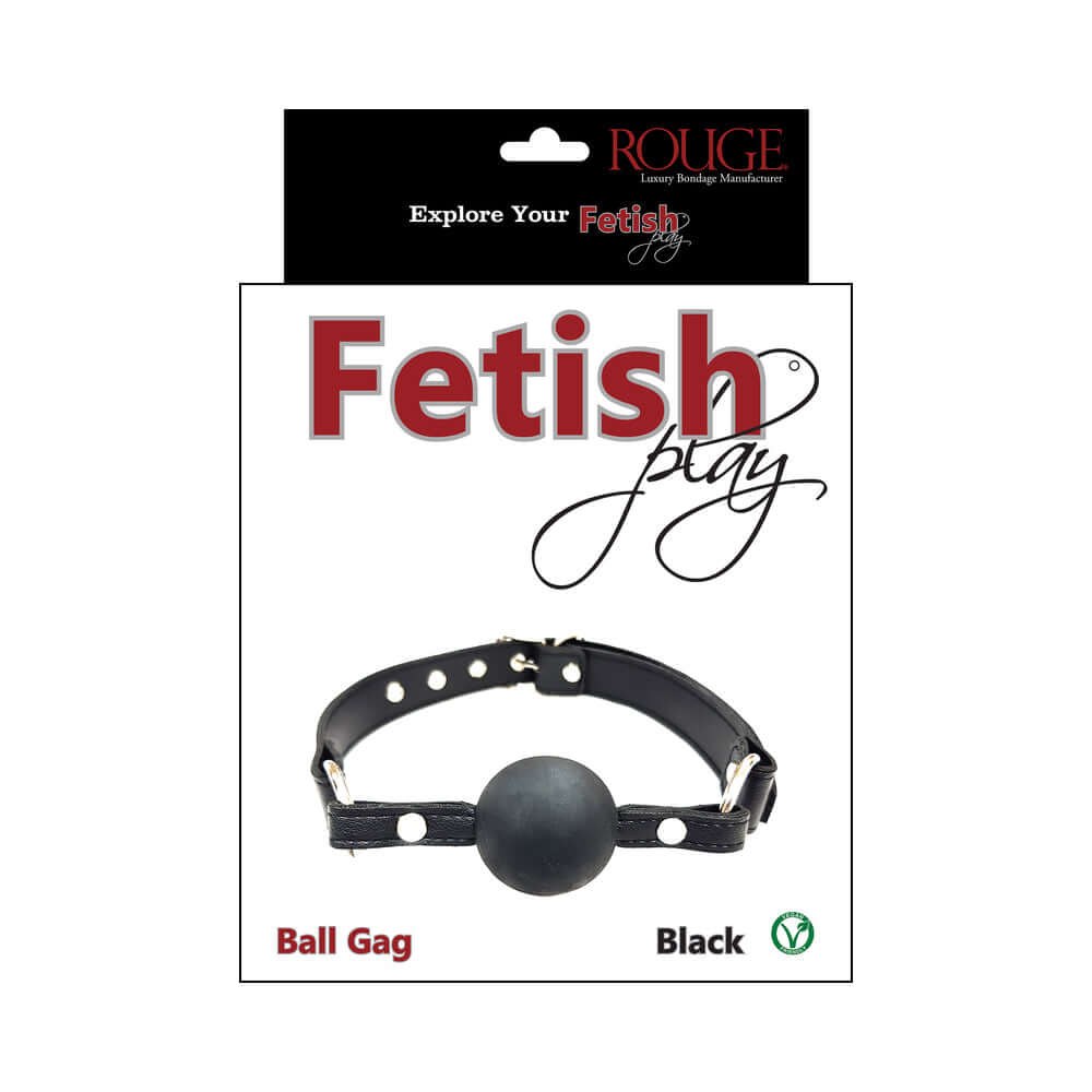 Rouge Fetish Play Vegan Ball Gag Black in packaging, showcasing black faux leather and a sturdy design.