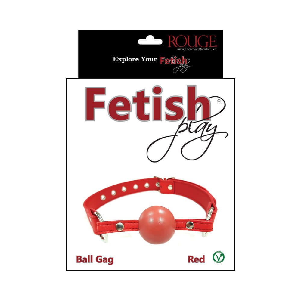 Rouge Fetish Play Vegan Ball Gag Red packaged for bondage and sensory play enthusiasts, featuring durable faux leather.