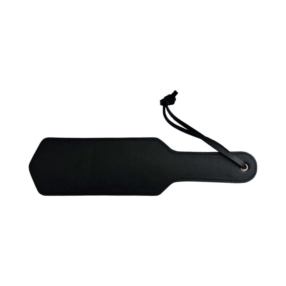 Rouge Fetish Play Vegan Paddle Black in sleek black faux leather with a convenient handle for comfortable grip.