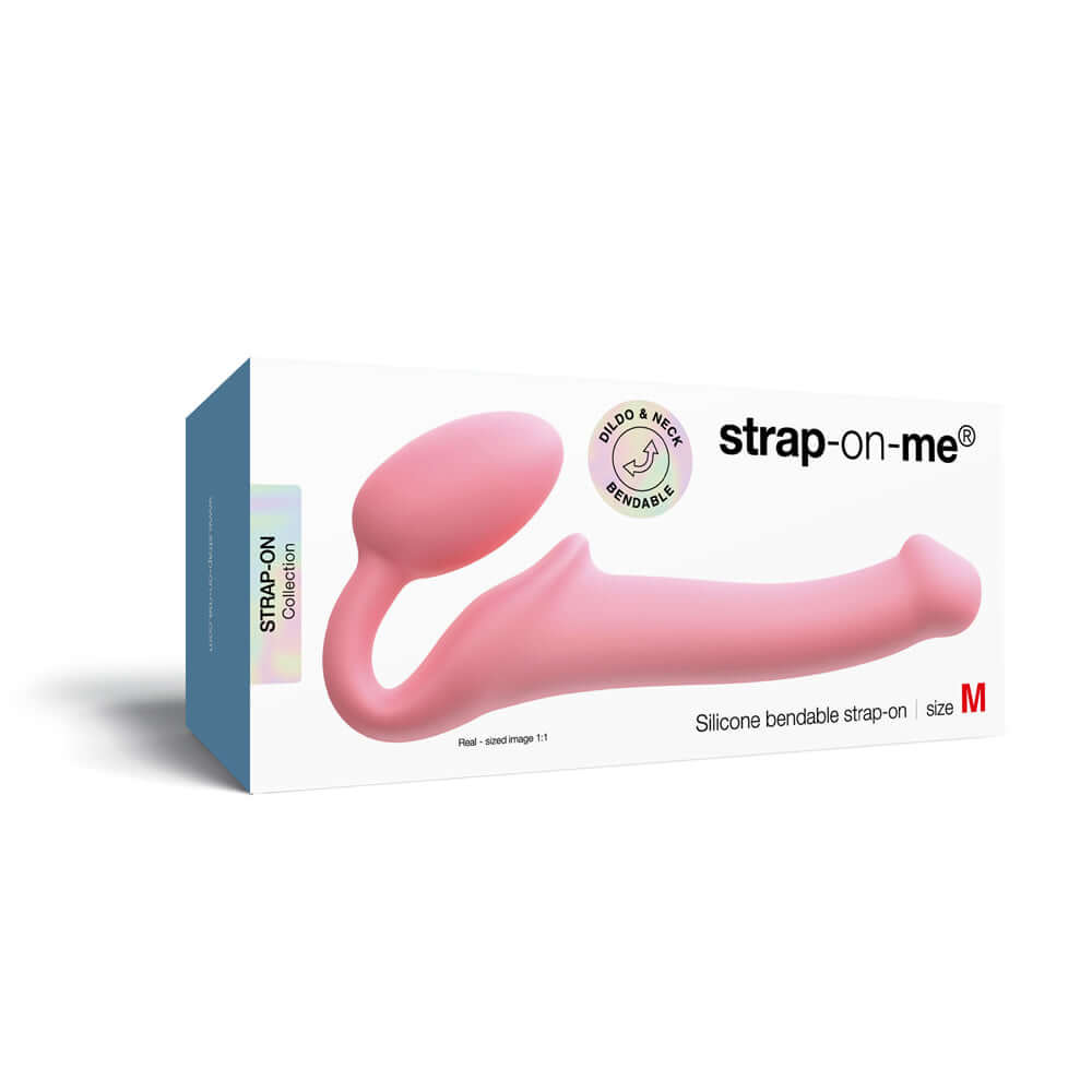 Strap-On-Me Silicone Bendable Strapless Strap-On Pink Medium packaging showcasing ergonomic design and soft silicone material.