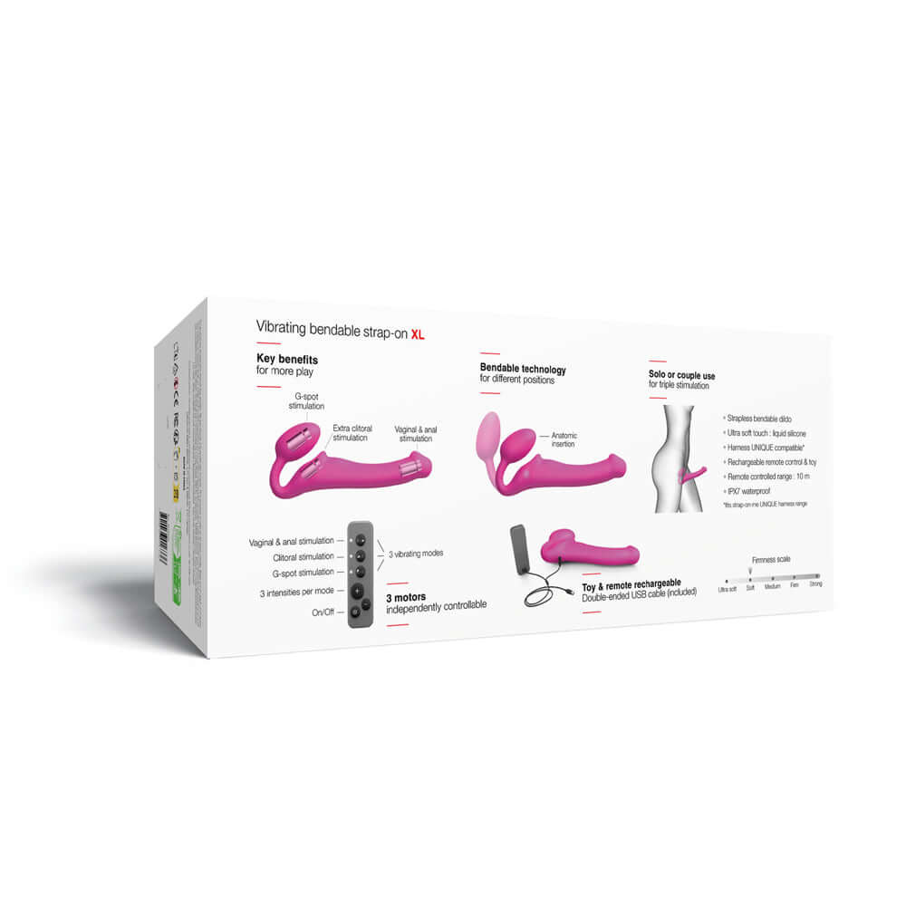 Strap-On-Me Vibrating Bendable Strapless Strap-On Fuchsia XLarge packaging showcasing key benefits and features for shared pleasure.