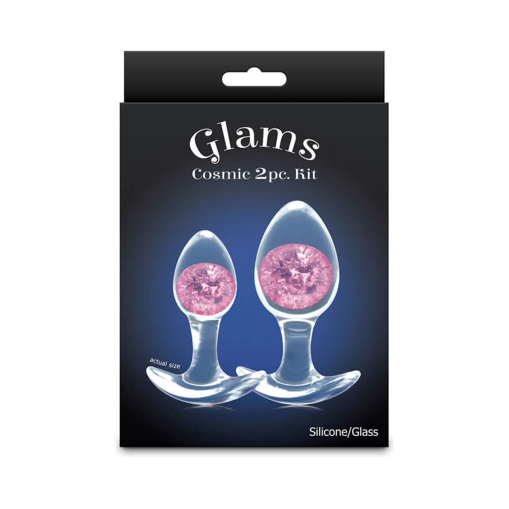 Cosmic Glams Silicone Anal Plug Kit 2pc Set Pink packaging showcasing two anal plugs with pink embellishments.