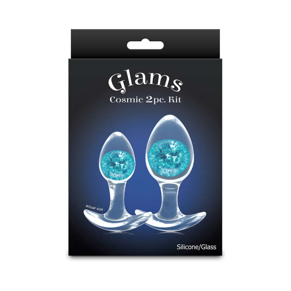 Cosmic Glams Silicone Anal Plug Kit 2pc Set Blue packaging showcasing two stylish silicone anal plugs with blue accents.