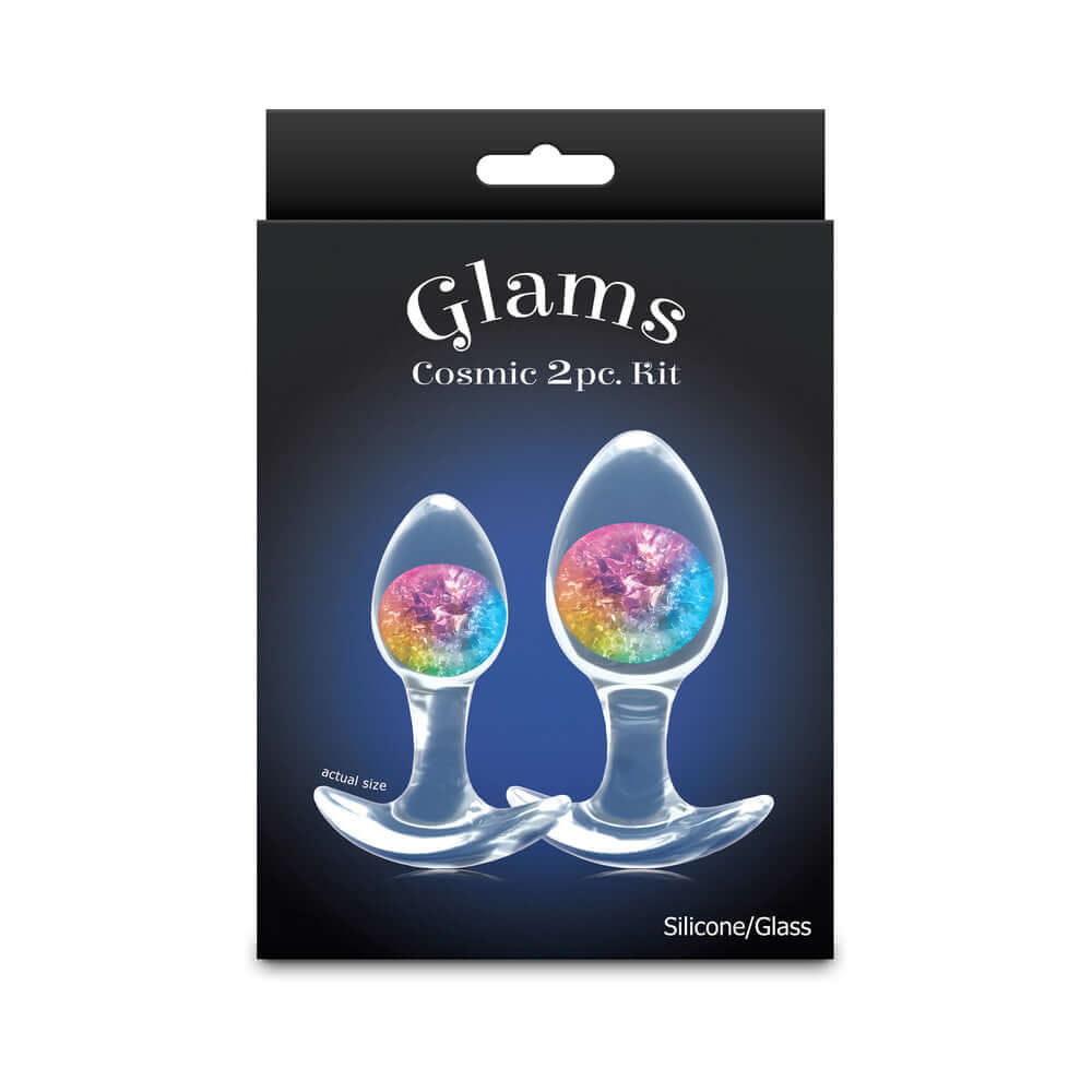 Cosmic Glams Silicone Anal Plug Kit 2pc Set Rainbow in sleek packaging showcasing two colorful anal plugs.