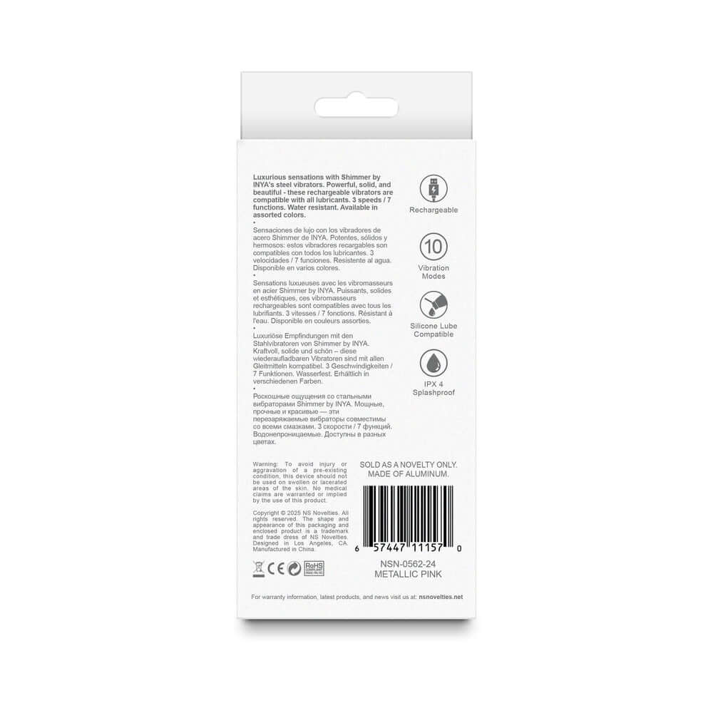 Back packaging of INYA Shimmer Metallic Vibrator Pink showing instructions and features.