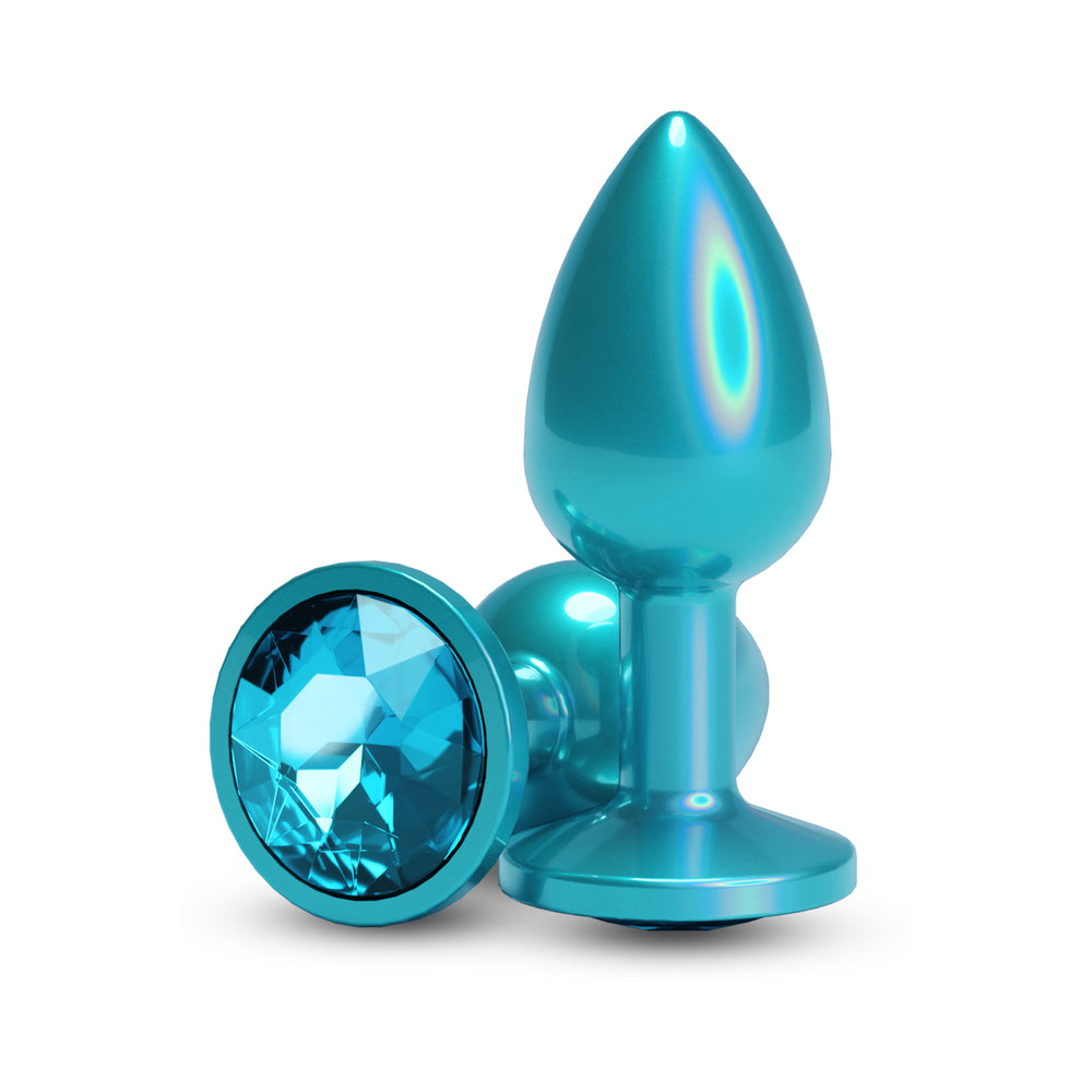 Rear Assets Butt Plug Iridescent Teal Small with jewel base, highlighting the stunning design and iridescent finish.