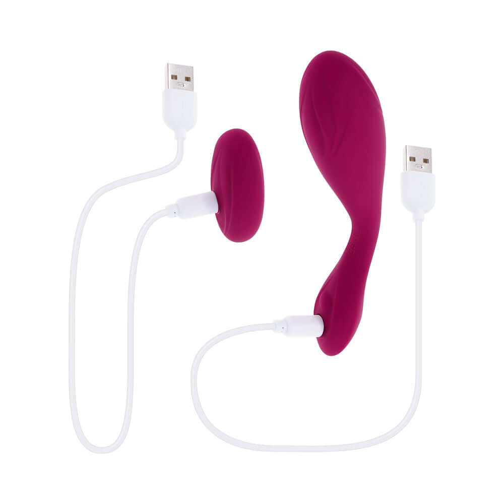 Evolved Cherry Pose Flexible Vibrator with Remote in vibrant pink, featuring dual-ended design and USB charging.