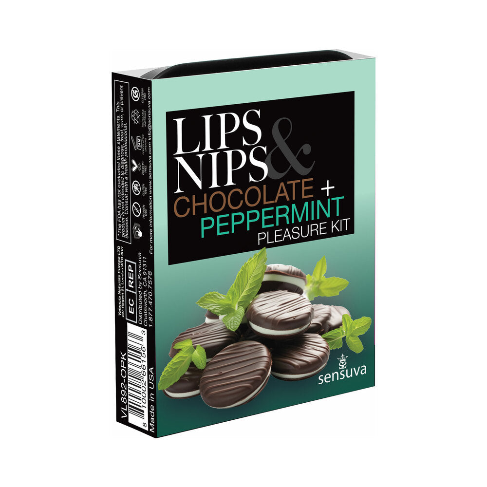 Sensuva Lips and Nips Pleasure Kit Chocolate Peppermint packaging with chocolate candies and mint leaves.