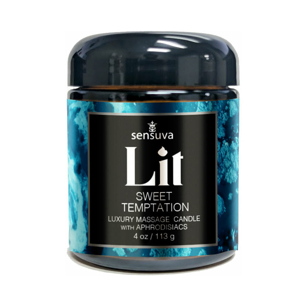 Sensuva Lit Sweet Temptation Luxury Massage Candle 4 Oz in a decorative jar with a blue design.