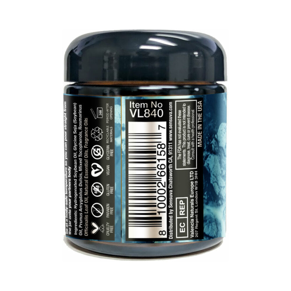 Sensuva Lit Sweet Temptation Luxury Massage Candle 4 Oz packaging side view with barcode and item number.