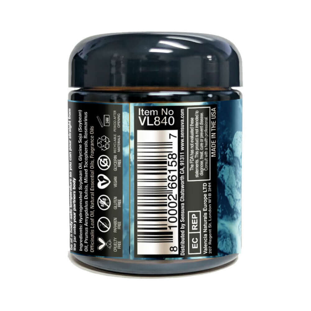 Sensuva Lit Sweet Temptation Luxury Massage Candle 4 Oz packaging side view with barcode and item number.