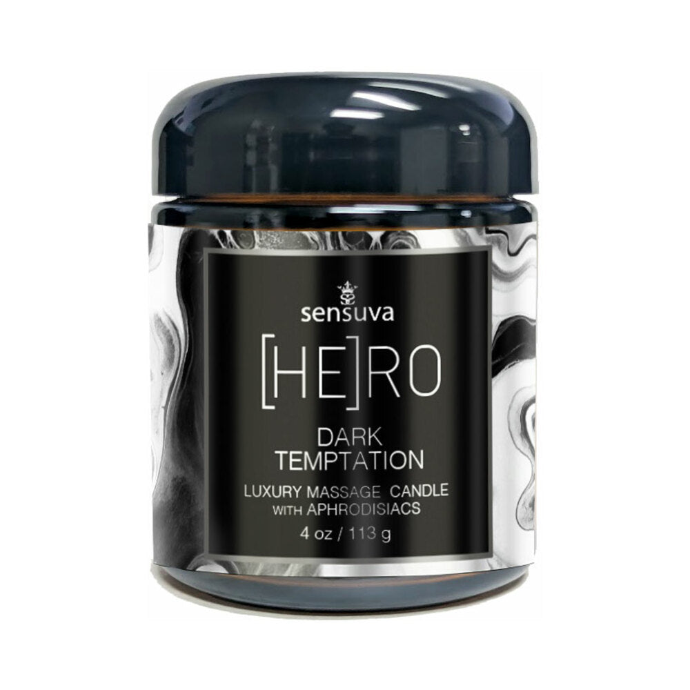 Sensuva Hero Dark Temptation Luxury Massage Candle 4 Oz in elegant black and white jar for intimate relaxation.