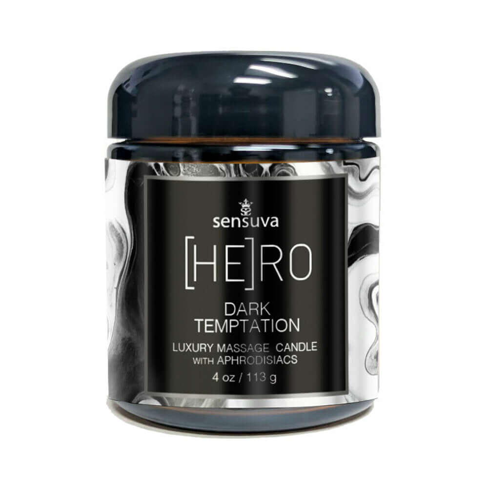 Sensuva Hero Dark Temptation Luxury Massage Candle 4 Oz in elegant black and white jar for intimate relaxation.