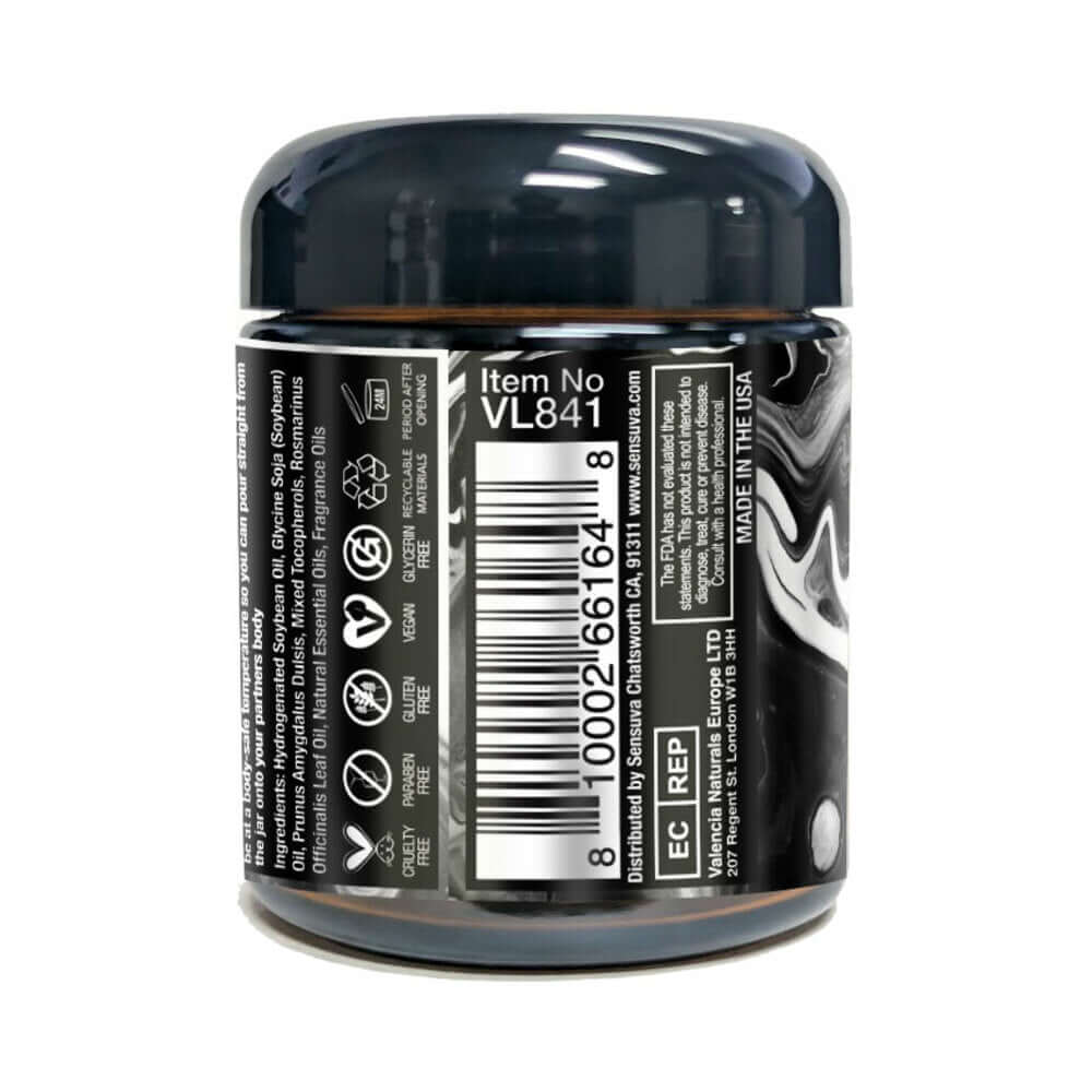Sensuva Hero Dark Temptation Luxury Massage Candle 4 Oz packaging with black and white design and product details.