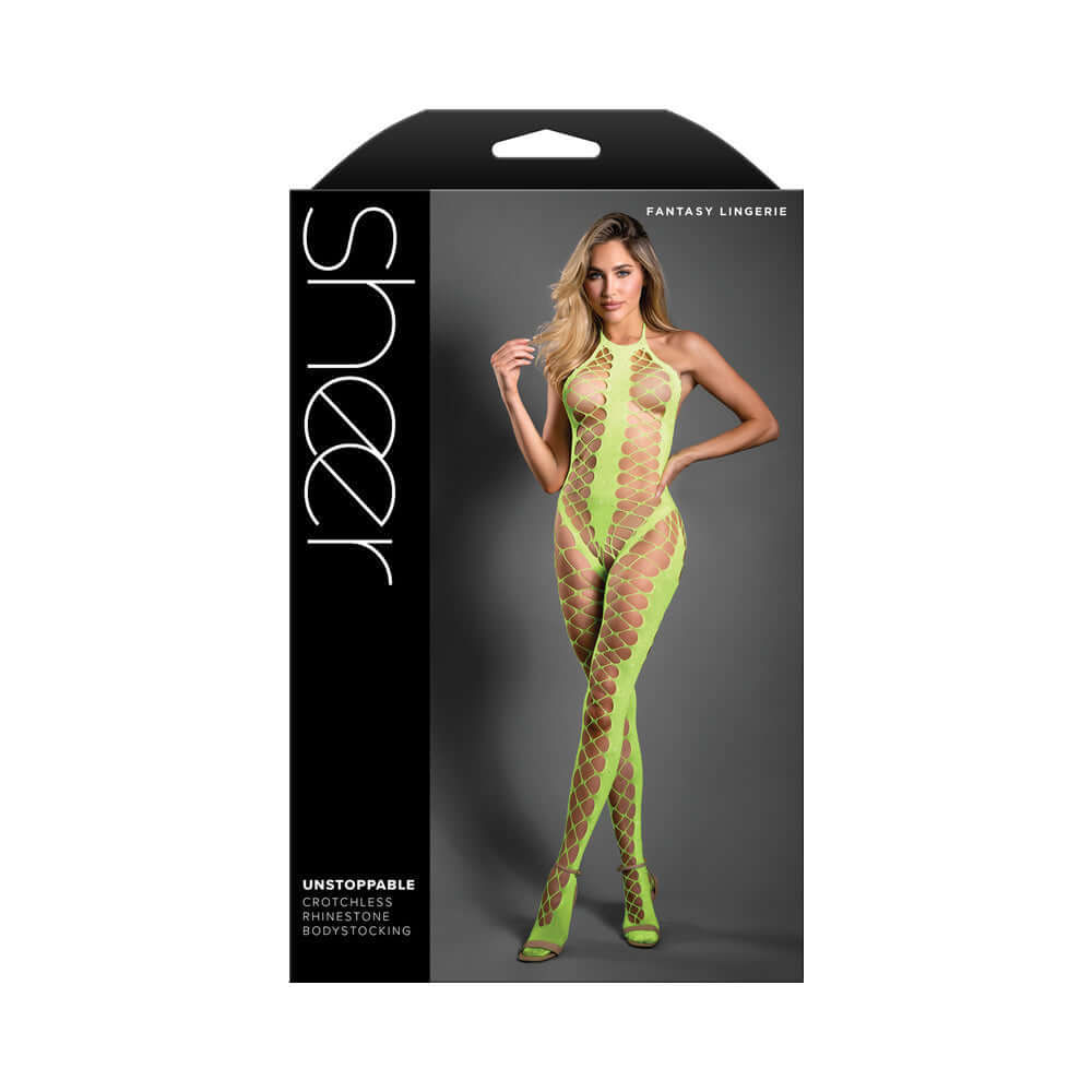 Fantasy Lingerie Sheer Unstoppable Crotchless Rhinestone Knit Halter Bodystocking Neon Green O/S