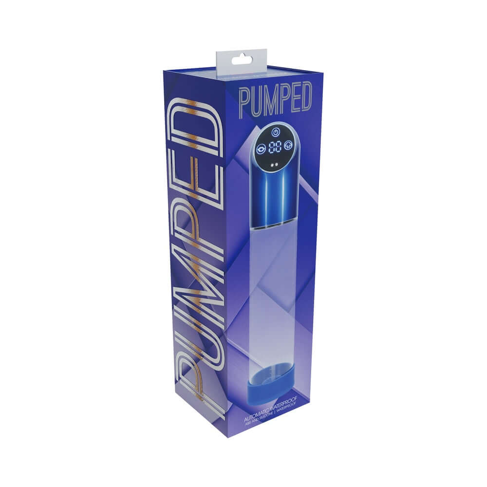 PUMPED Automatic Waterproof Metal Blue product packaging showcasing sleek design and advanced functionality.