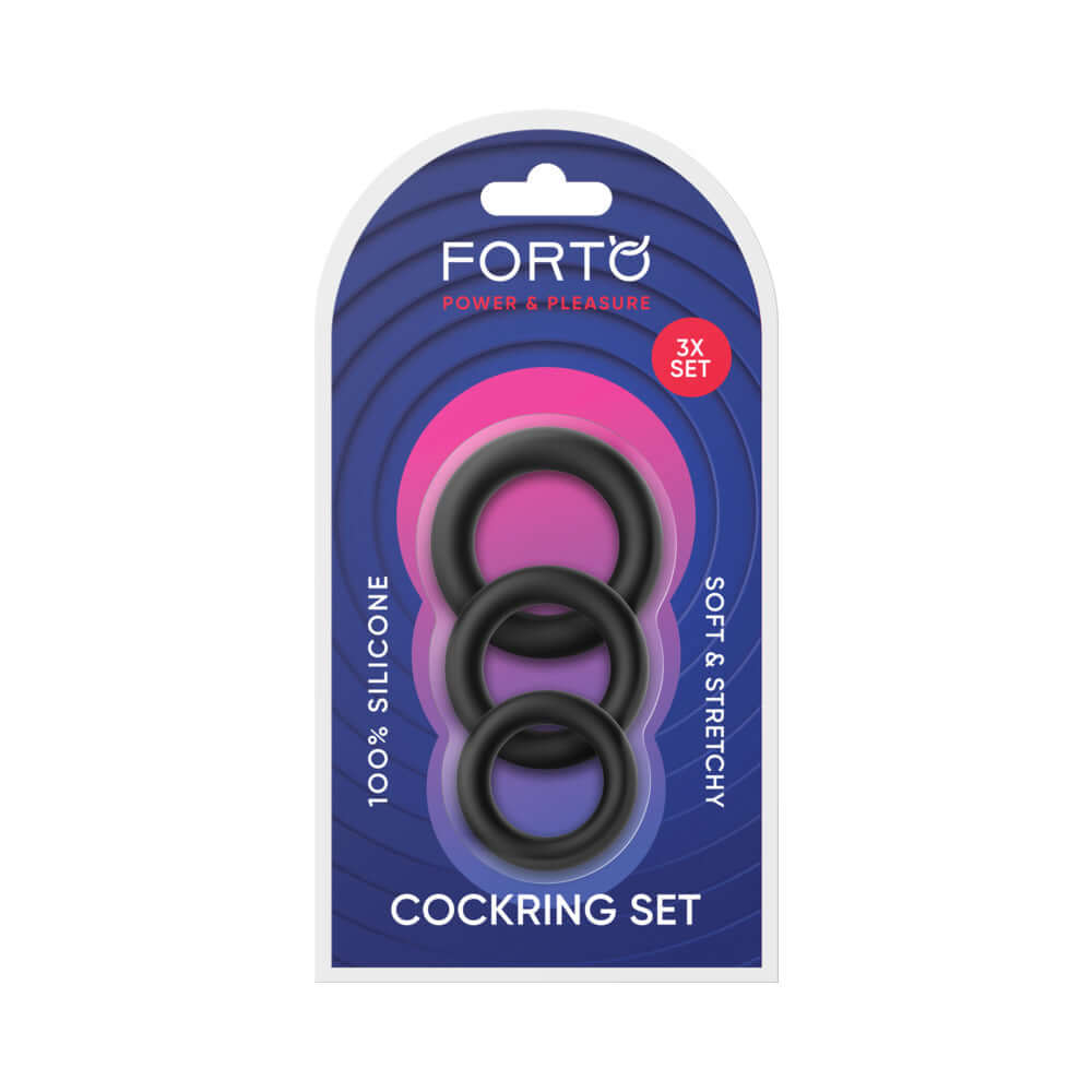 Forto F-39 Trio Cockring Set Black featuring three silicone rings for customizable fit and performance.