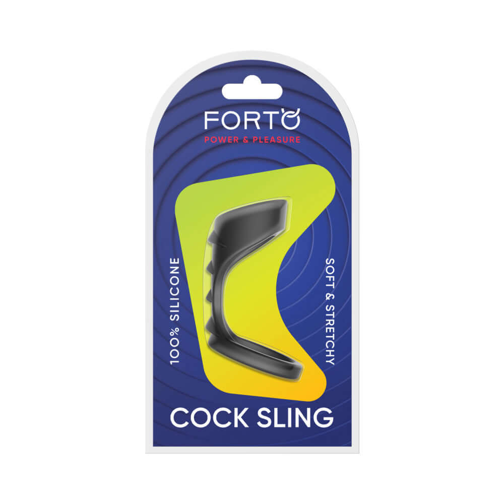 Forto F-45 Textured Bridge Cocksling Black packaging featuring a soft and stretchy design in silicone.
