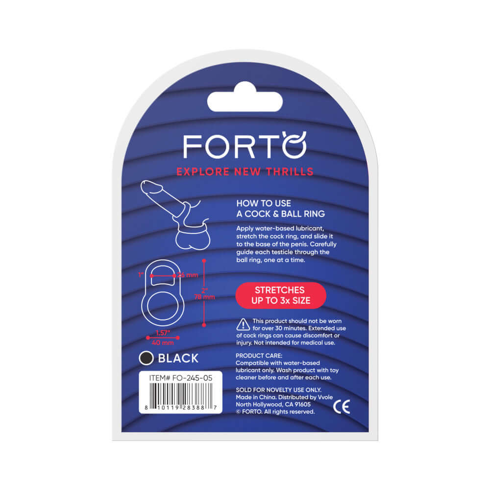 Forto F-41 Lock Cock & Ball Ring Black product packaging with usage instructions and care information.