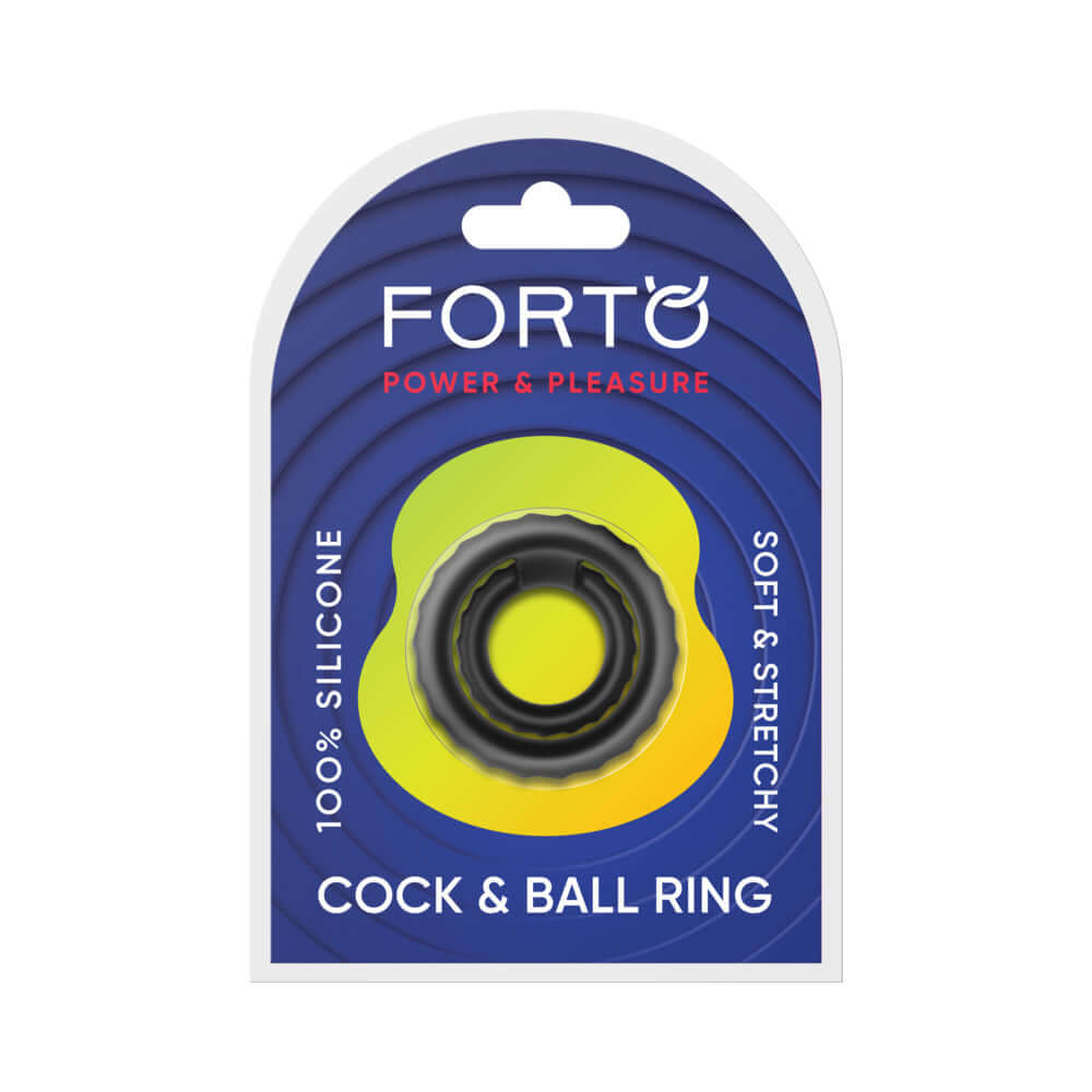 Forto F-43 Tiered Cock & Ball Ring Black in packaging, designed for enhanced support and comfort.