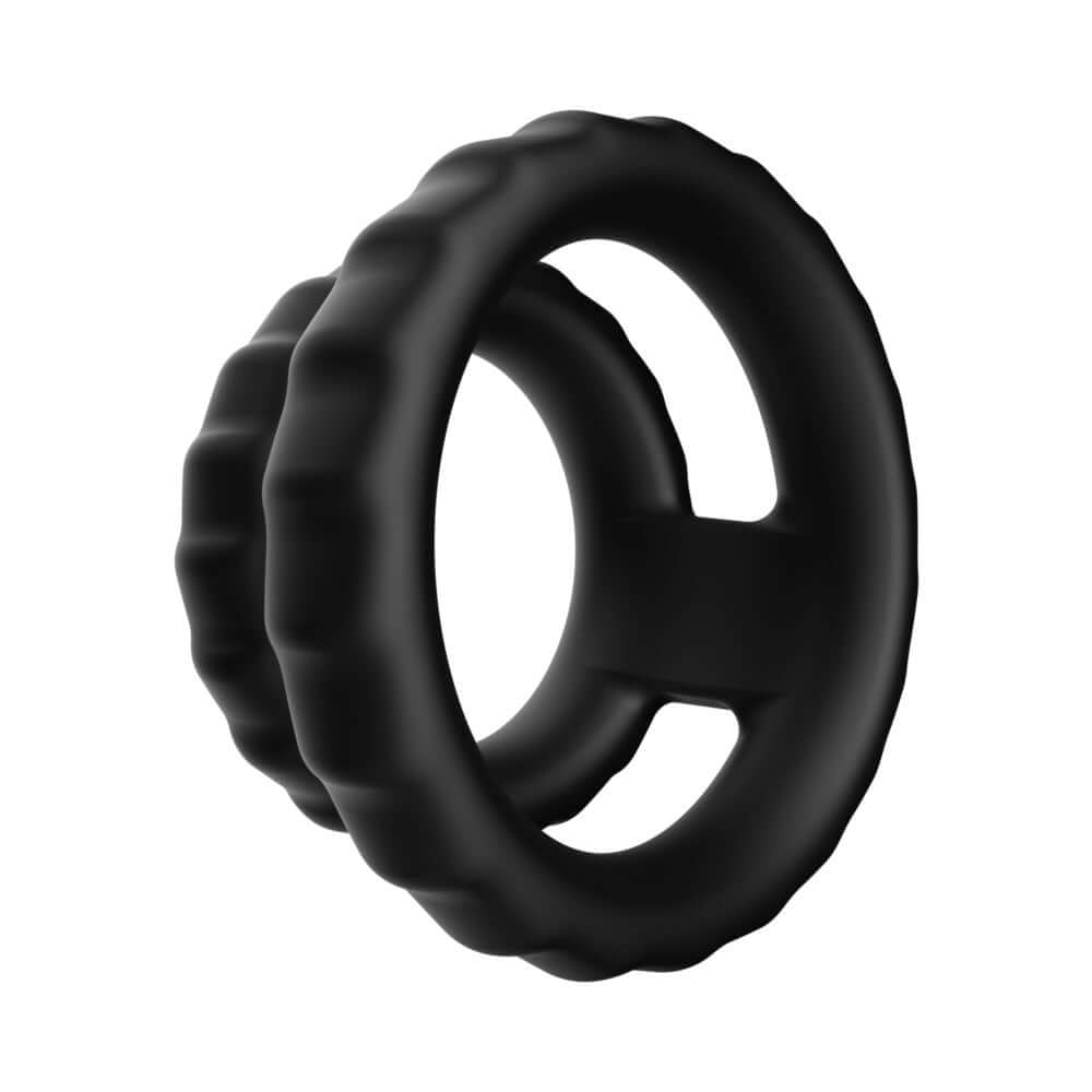 Forto F-43 Tiered Cock & Ball Ring Black showcasing its dual-ring design for enhanced support and stability.