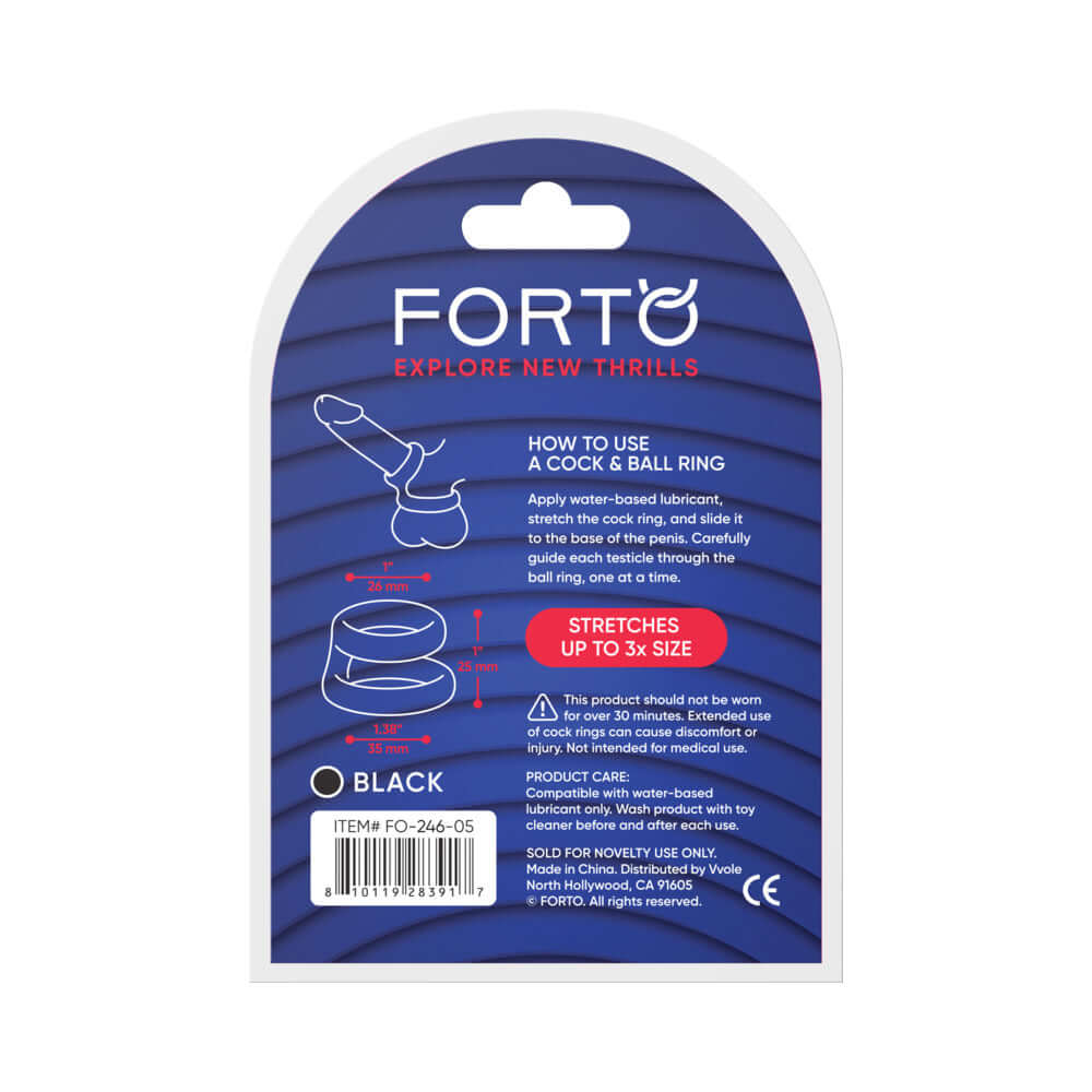 Forto F-43 Tiered Cock & Ball Ring Black packaging showing usage instructions and product care tips.