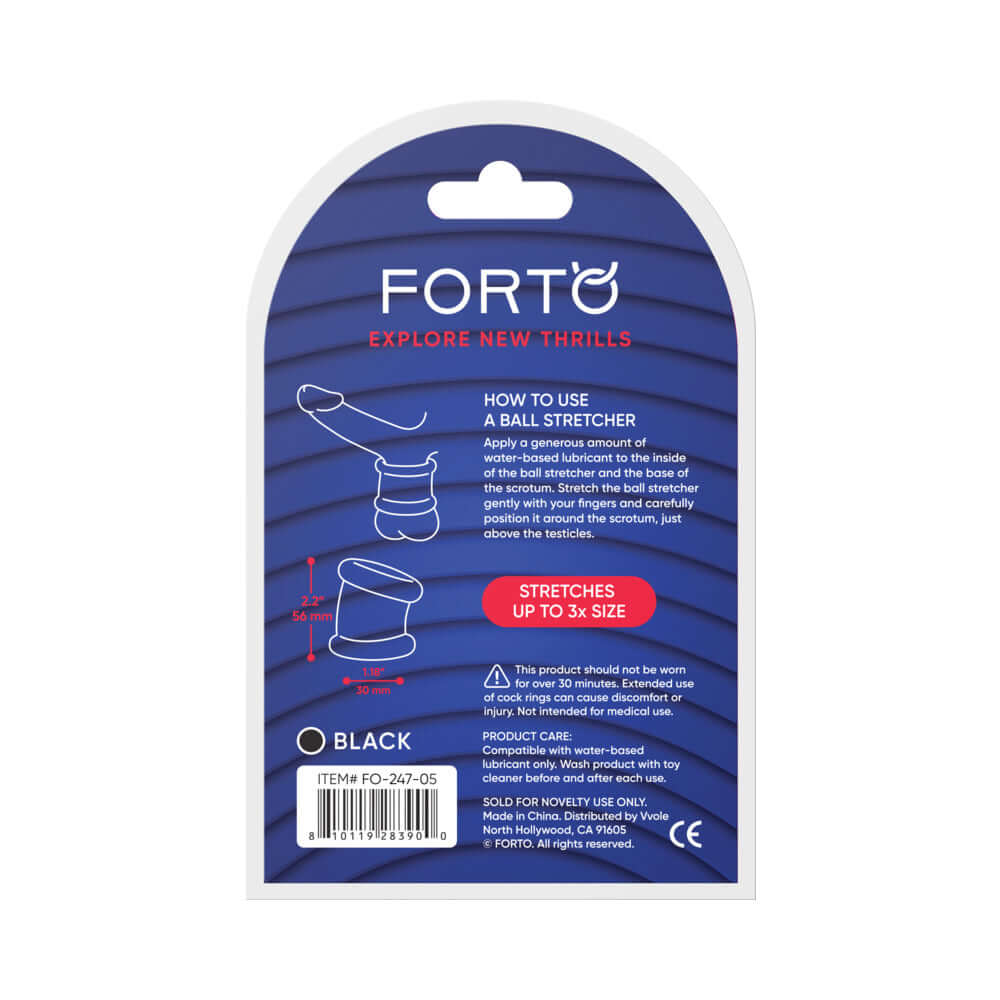 Forto F-95 Tubular Ball Stretcher Black packaging with usage instructions and product details.