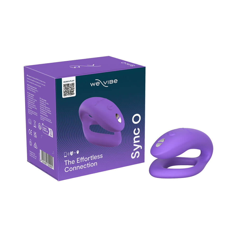 We-Vibe Sync O Vibrator Light Purple next to its packaging for effortless connection.