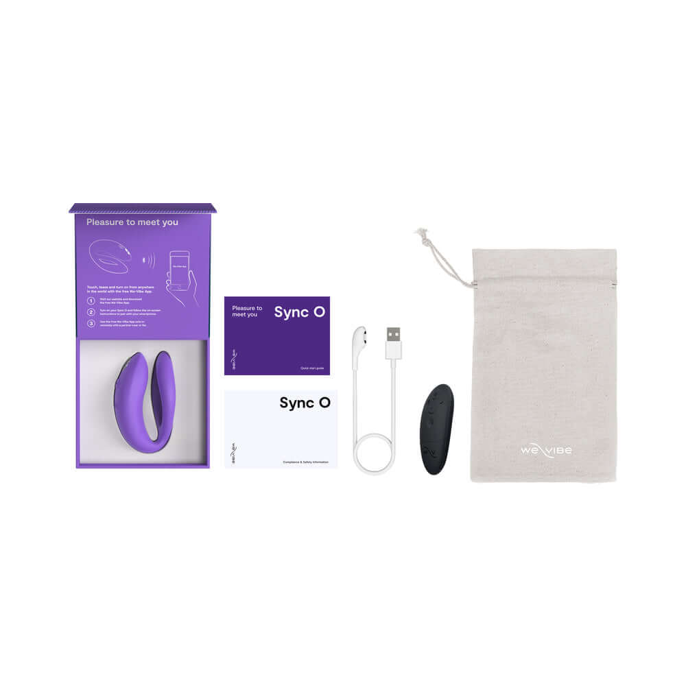 We-Vibe Sync O Vibrator Light Purple packaging and accessories, including user manual and charging cable.
