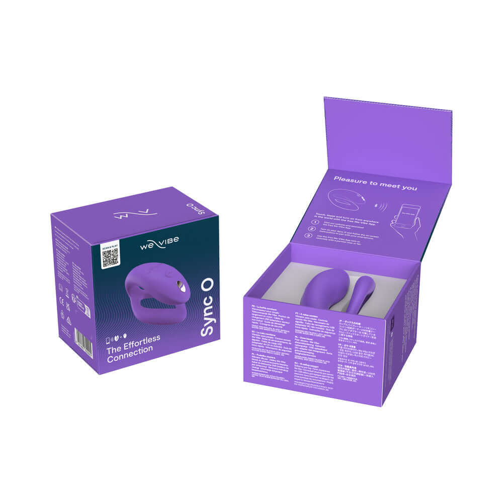 We-Vibe Sync O Vibrator Light Purple packaging showing the product and features for couples' pleasure.