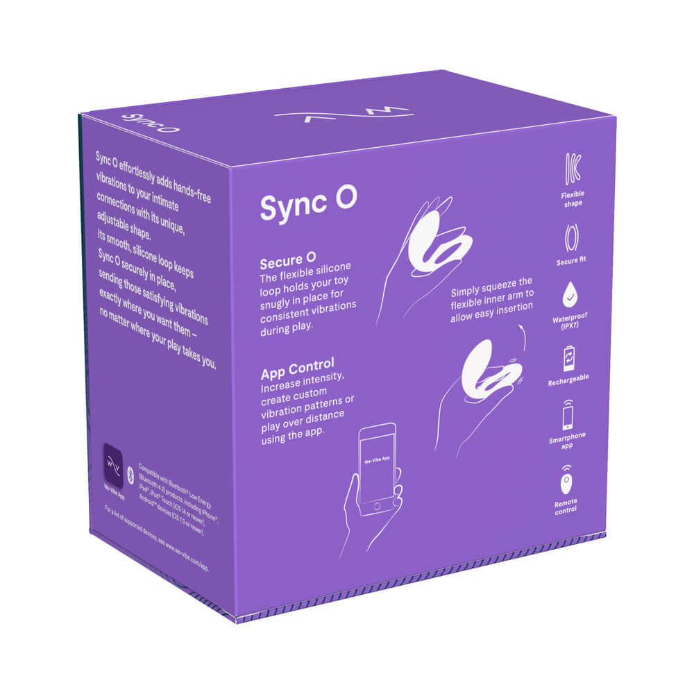 We-Vibe Sync O Vibrator Light Purple product packaging showcasing features and app control.