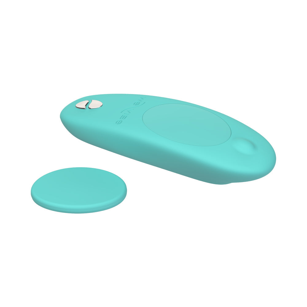 We-Vibe Moxie Plus Wearable Clitoral Vibrator Teal with magnetic clip and remote, designed for discreet pleasure.
