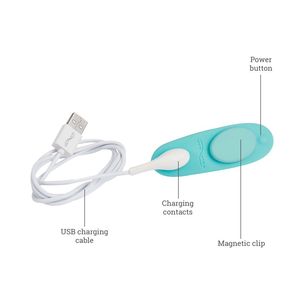 We-Vibe Moxie Plus Wearable Clitoral Vibrator Teal with USB charging cable and magnetic clip features