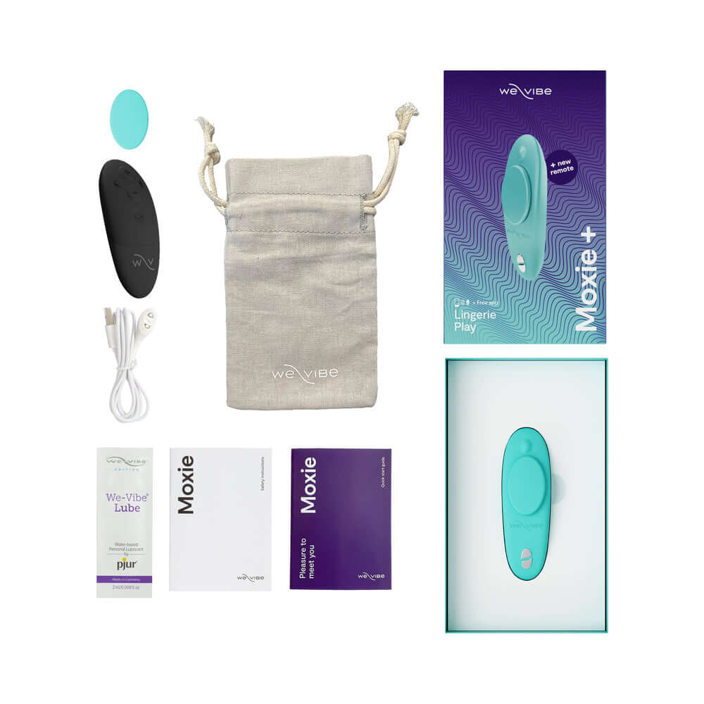We-Vibe Moxie Plus Wearable Clitoral Vibrator Teal with accessories including pouch, charger, and lube samples.